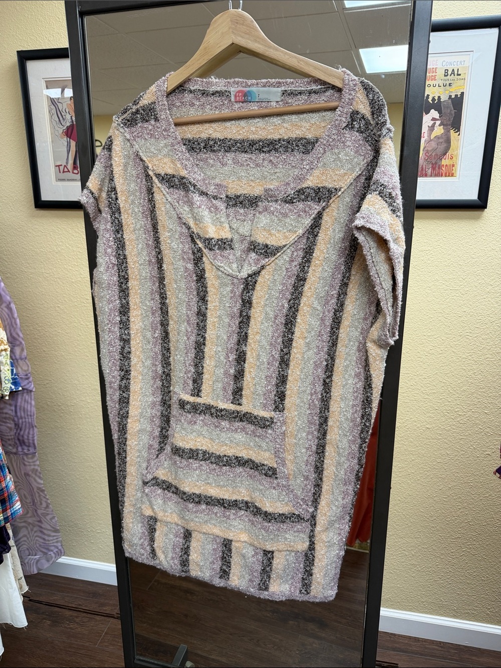 Free People oversized Striped Hooded Pullover in Pink, Cream & Gray